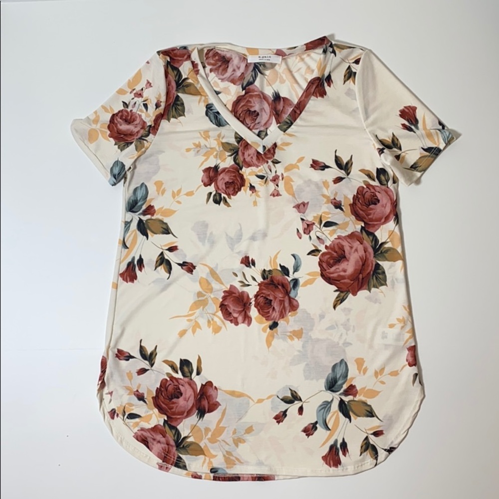 Floral Short Shirt Sleeve V-Neck T-Shirt